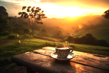 Coffee cup with hot coffee on sunset. Morning coffee in mug on table in village. Breakfast with coffee in mountain landscape. Cappuccino in cup on table in morning. Aromatic espresso caffeine drink - obrazy, fototapety, plakaty