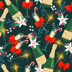 Pattern with a bottle of champagne and glasses with a christmas floral background. Background for textiles, flyers, wrapping paper, parties, invitations.