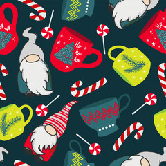 Seamless pattern with gnomes and caps and Christmas sweets. Cute background for textile, fabric, stationery, kids, pajamas and other design.