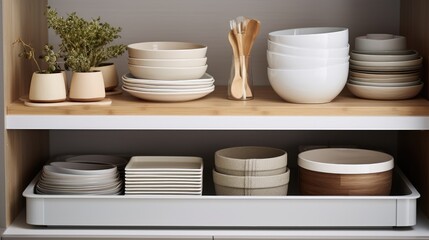 Fototapeta na wymiar Organized living! storage ideas in the kitchen with a white box and basket, showcasing a modern shelf order system