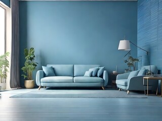 modern living room with blue sofa behind plant and lamp isolated background
