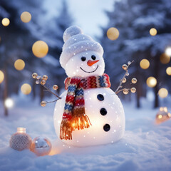 Schneemann im Schnee mit Mütze und Schal