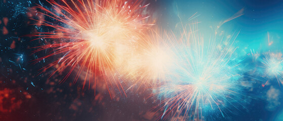 Colorful fireworks on a dark blue background. New Year and Christmas concept. - obrazy, fototapety, plakaty