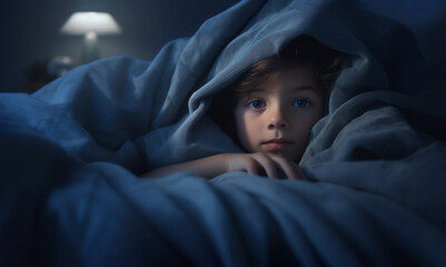 Portrait Little Boy, Child Hiding, Covered by Blanket, Getting Ready To Sleep Or Waiting For Tooth Fairy or Tale. Bedtime And Happy Dreams. Cute Preschool Child Feels Scared by Monster Ai Generated