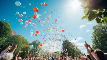 A balloon release into the sky during a special outdoor event