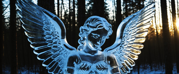 Ice sculpture of an angel in the winter forest at sunset