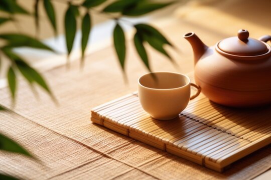 Bamboo mat with teapot and dried leaves on beige background. AI Generated