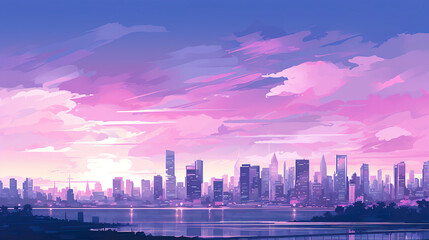 Naklejka premium City Skyline at Sunset. Generative Ai