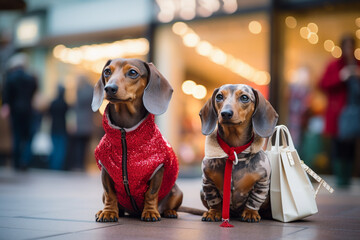 Hyper realistic HD Dogs Wearing Clothes with Bags While Shopping Gifts for Holidays. Human-Like Anthropomorphic Animal Character.