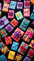 Colorful gift boxes on black background. Christmas, birthday, valentines day concept.