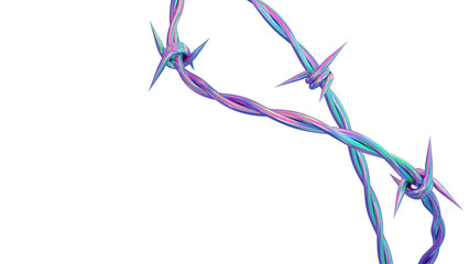 Isolated iridescent twisted barbed wire. 3D rendered design