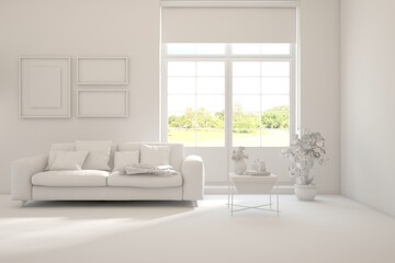 Fototapeta na wymiar Contemporary classic white interior with furniture and decor and summer landscape in window. Scandinavian interior design. 3D illustration