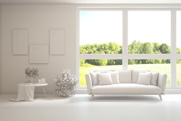 Grey living room concept with sofa and summer landscape in window. Scandinavian interior design. 3D illustration