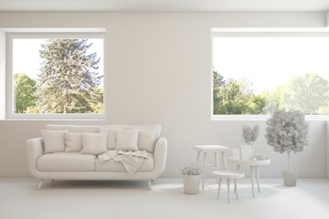 White living room with sofa and summer landscape in window. Scandinavian interior design. 3D illustration