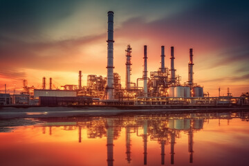 Fototapeta premium Oil refinery plant. Gas Processing Plant. Pipes of natural gas factory. Oil crude and gas refineries. Oil refining and Petrochemical. Reduced fuel. Ai Generated Illustration.