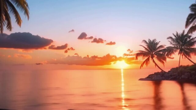 tropical paradise with palm trees silhouetted against a stunning orange and pink ocean sunset, generative ai