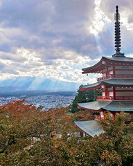 The vertical natural photography in Japan mount Fuji mountain, traditional temple and outdoor park