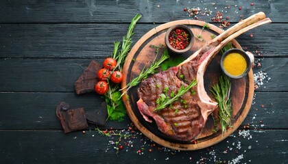 Tomahawk steak on the bone showcased on a black wooden background. Top view with ample free copy space. - obrazy, fototapety, plakaty