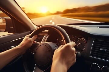 hands of car driver on steering wheel, road trip, driving on highway road.