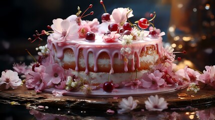 A cake with cherries on top of it on a table