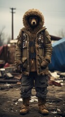 A bear costume surrounded by trash in a post-apocalyptic setting. Generative AI.