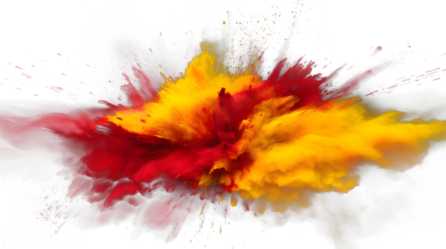 Red and yellow colored powder explosions on black background. Holi paint powder splash in colors of Spanish flag