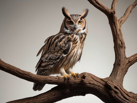 Realistic image of a remix bird with the majestic features of an owl and the agility of a gazelle, perched on a mythical tree branch. Ai Generative