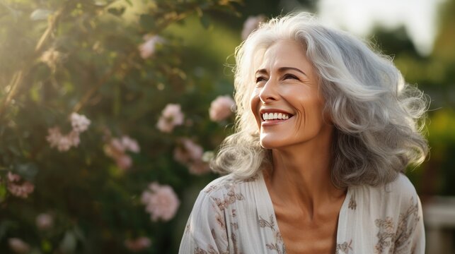Beautiful gorgeous 50s mid age beautiful elderly senior model white woman in the garden  with grey hair laughing and smiling. Mature old lady close up portrait, generative ai