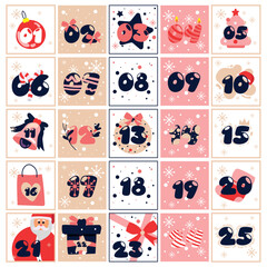 Pastry colored christmas advent calendar with presents Vector - obrazy, fototapety, plakaty