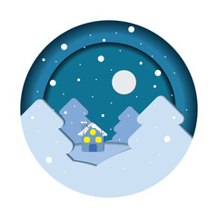 Winter landscape with trees and house Paper art style Vector