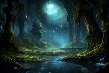Forest scenery bathed in moonlight
