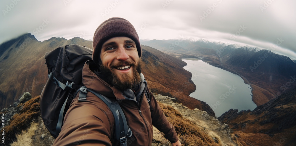 Canvas Prints A man with a backpack taking a selfie. Generative AI.