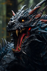 Fototapeta premium A black dragon roaring with its mouth wide open