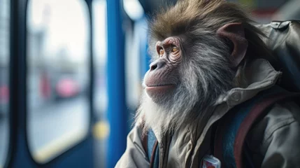 Zelfklevend Fotobehang A mature monkey with a backpack is on a train station. Generative AI. © Natalia