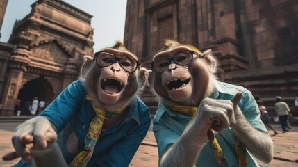 Two monkeys wearing glasses and a blue shirt are taking selfies on a street. Generative AI.