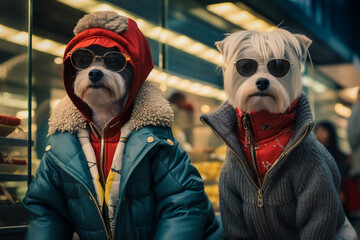 Hyper realistic HD Dogs Wearing Clothes with Bags While Shopping Gifts for Holidays. Human-Like Anthropomorphic Animal Character.