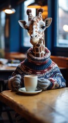 A giraffe sitting at a table with a cup of coffee. Generative AI. - obrazy, fototapety, plakaty