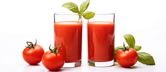 Red and white glasses of tomato basil juice on a isolated background - obrazy, fototapety, plakaty