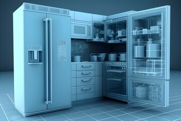 virtual software simulating a smart minimal futuristic kitchen