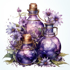 Obraz na płótnie Canvas watercolor Purple Steampunk Potions clipart, Generative Ai