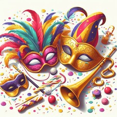 Whimsical Carnival Duo: Masks, Noisemakers, and Festive Delights