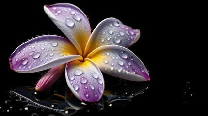 Frangipani flowers with water drops isolated on black background. Springtime Concept. Valentine's Day Concept with a Copy Space. Mother's Day.