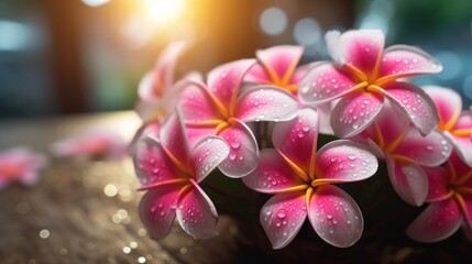 Naklejka na ściany i meble Plumeria flowers with water drops on wooden background, selective focus. Springtime Concept. Valentine's Day Concept with a Copy Space. Mother's Day.