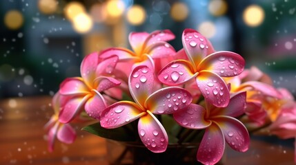 Frangipani flowers with rain drops on bokeh background. Springtime Concept. Valentine's Day Concept...