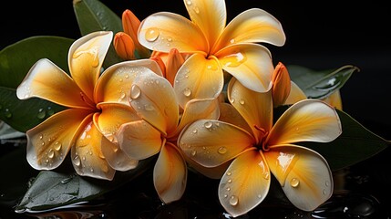 Frangipani flowers with water droplets on black background. Springtime Concept. Valentine's Day Concept with a Copy Space. Mother's Day.