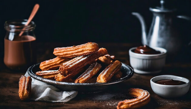 Close up churros with chocolate, dark mood. 