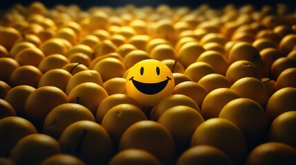 Close-up of cheerful yellow emojis placed among other emojis symbolizing positivity and joy
