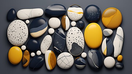 Fototapeta na wymiar Displays many smooth and matte colorful stones, dark blue and yellow and gray stones