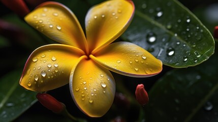 Frangipani (plumeria) with water droplets. Springtime Concept. Valentine's Day Concept with a Copy...