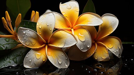 Frangipani flowers with water droplets on black background. Springtime Concept. Valentine's Day...